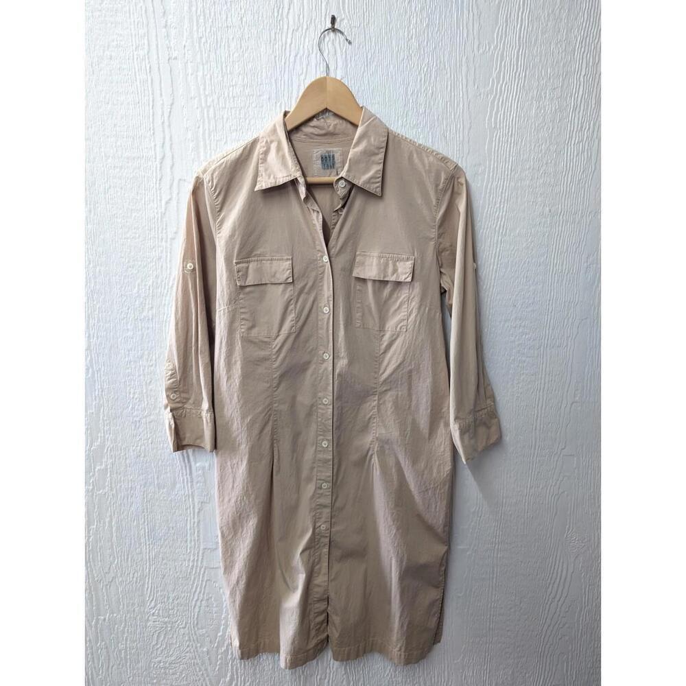 0039 Italy Beige Shirt Dress Roll Sleeves Stretch Minimalist Women's Size Large